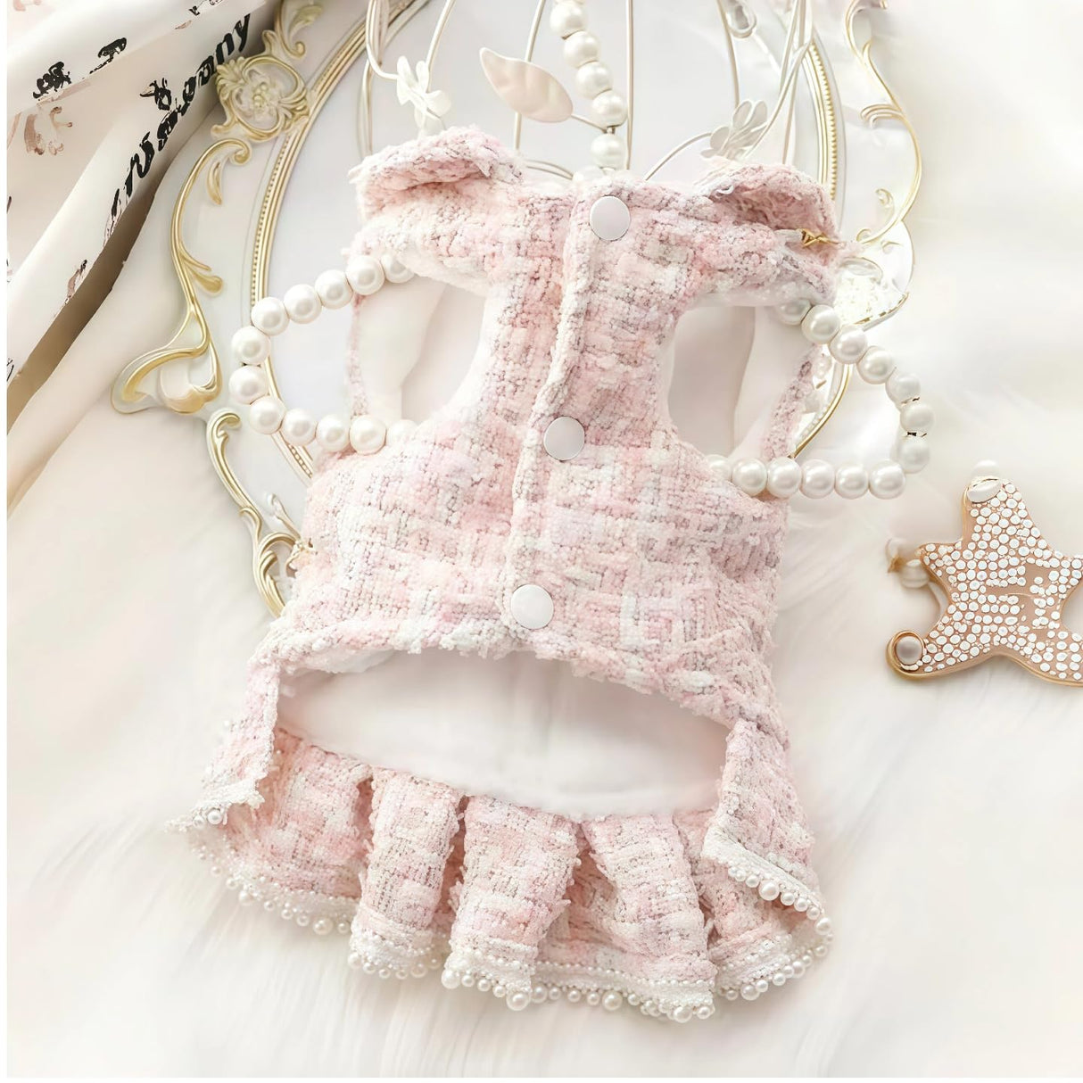 PalmPurr Fall Winter Small Dog Tweed Princess Dress White Pearl Design, Warm Fleece Dog Coat for Girls, Cute Puppy Clothes with Bow Flower, Luxury Chanel Style Pet Outfit for Cats & Dogs(White,L)