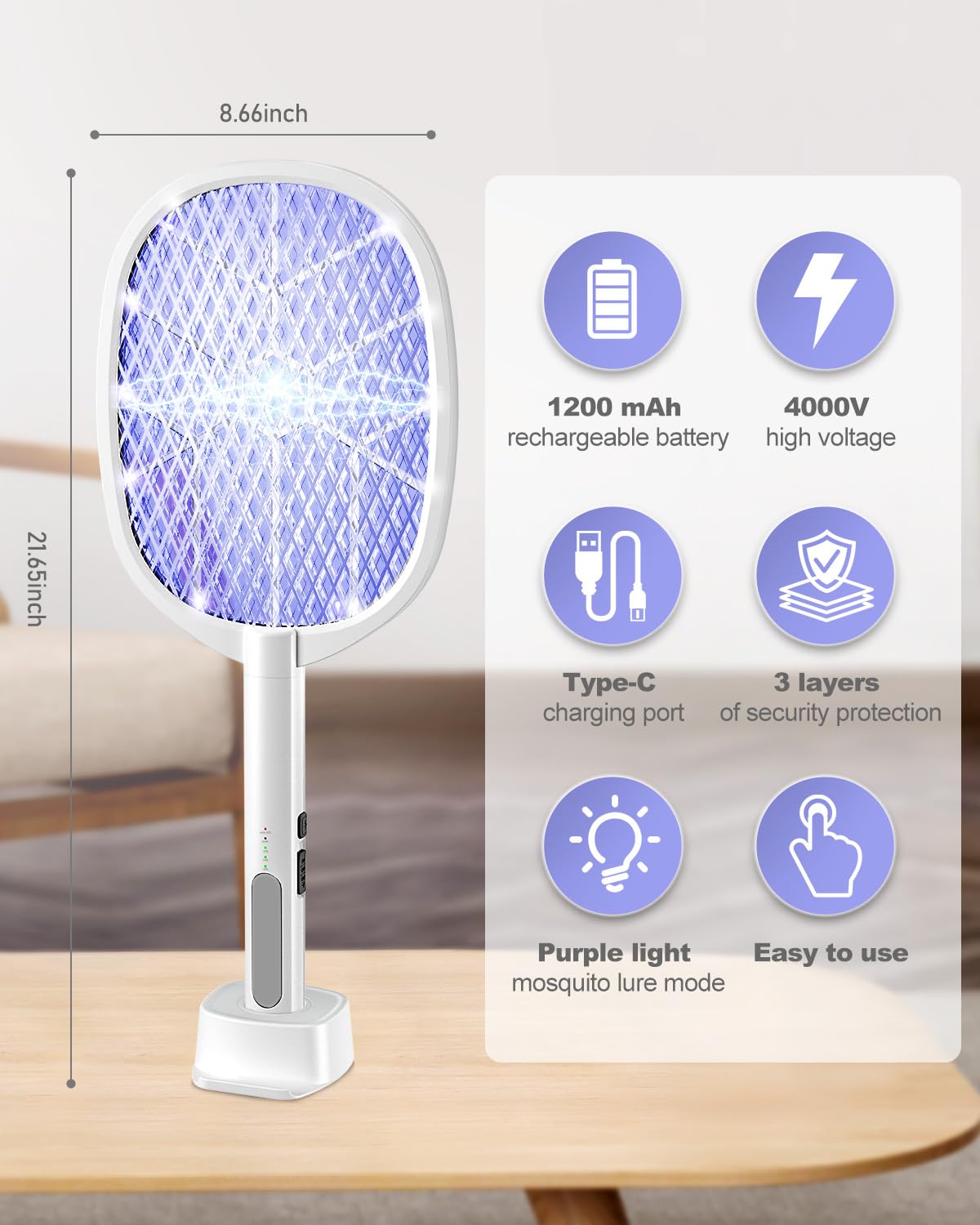 Electric Fly Swatter,4000V Bug Zapper Racket,2 in 1 Mosquito Zapper Racket with 1200ml Battery Rechargeable Purple Mosquito Killer Lamp with 3 Layers of Safety Net Suitable for Indoor and Outdoor