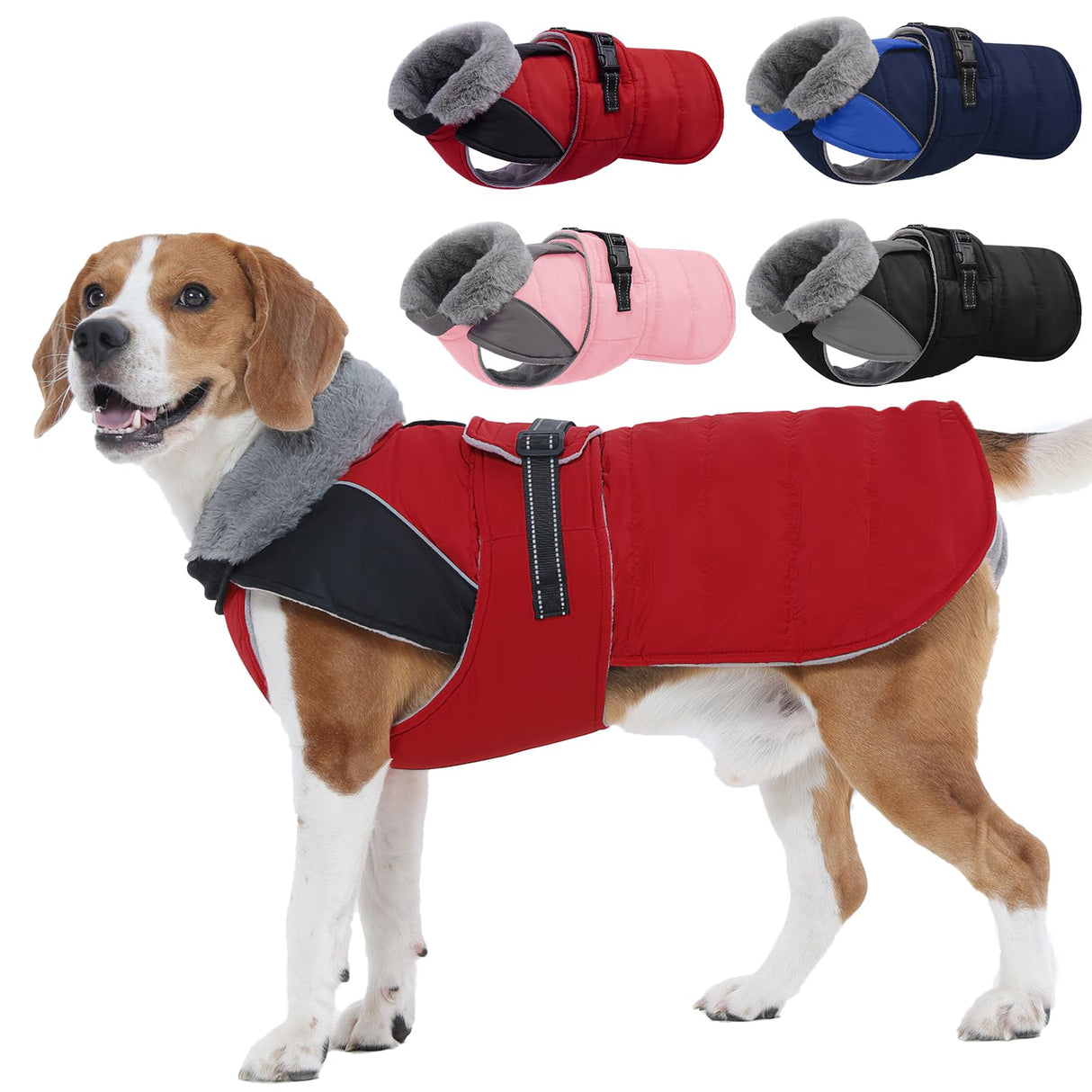 Nanaki Warm Dog Coats for Winter, Fleece Lined Furry Collar, Waterproof Reflective Dog Snowsuit with Leash Hole for Outdoor Walking Hunting, Easy On Cold Weather Puppy Jacket Vest, Beagle, Red L
