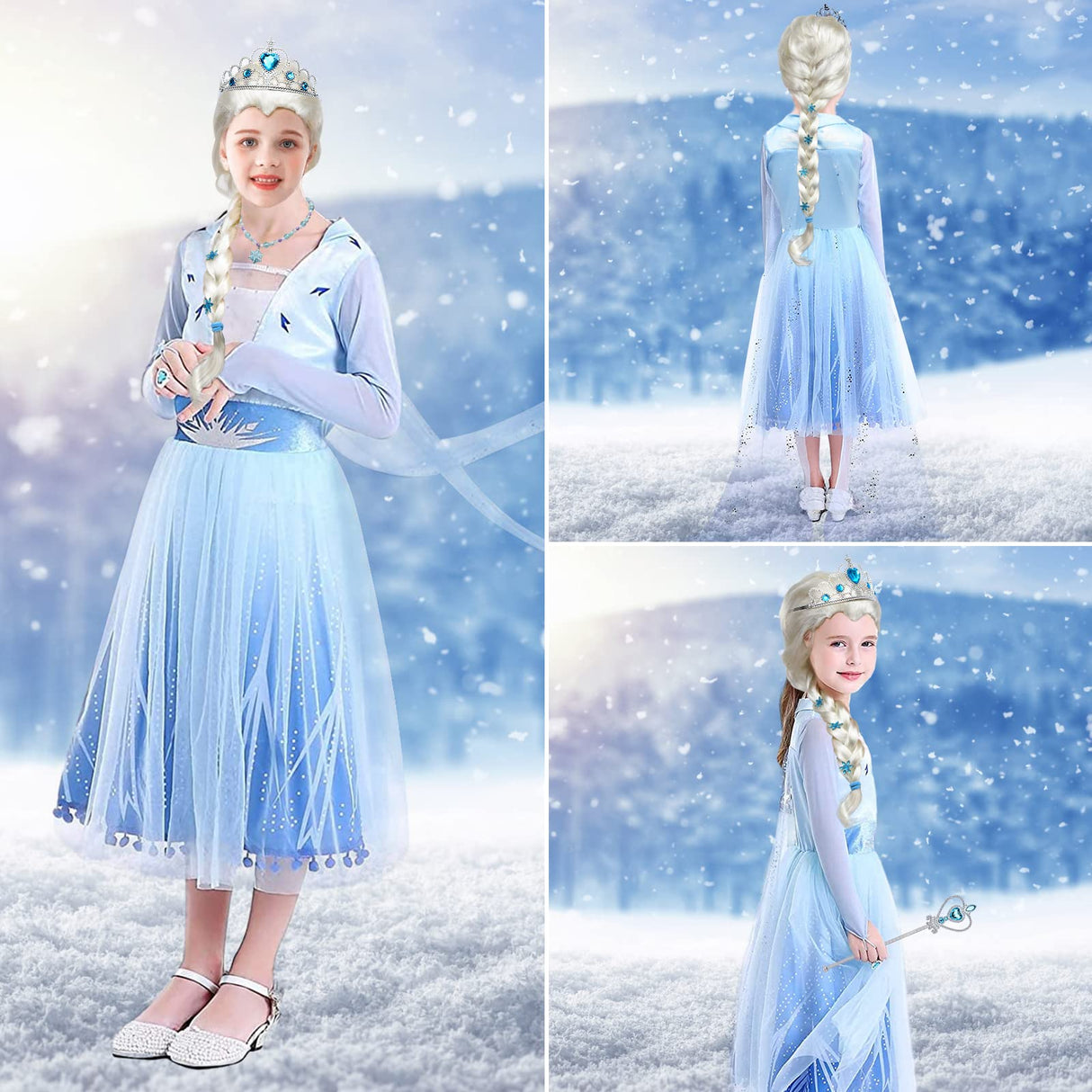 Tacobear 10Pcs Frozen Elsa Costume Dress For Girls Kids Toddler Princess Dress Up Clothes For Little Girls With Elsa Accessories Gloves Crown Wands Wig Necklace For 8-9T Kids Christmas Birthday Party