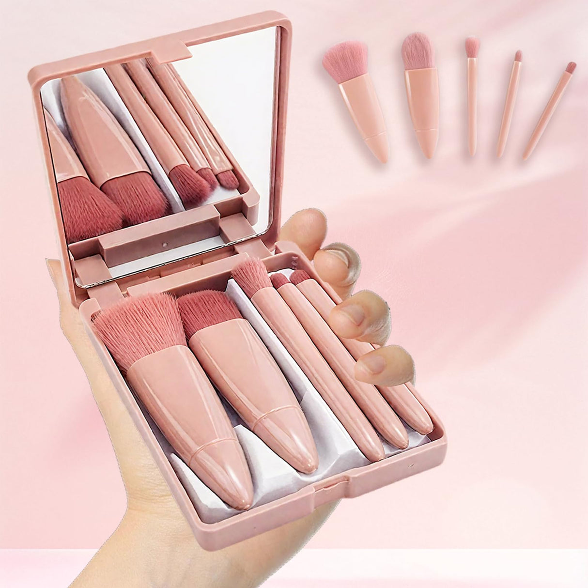 5pc Makeup Brush Set with Mirror & Storage Box – Portable Multifunctional Powder/Blush Brush, Mini Foundation & Eyeshadow Brushes for On - the - Go Beauty Touch - Ups