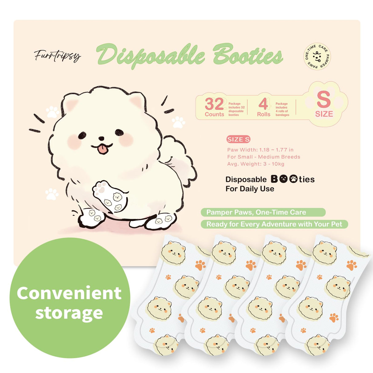 Furrtripsy Disposable Dog Booties for Dog Cats,32Pcs Pet Booties Waterproof and Breathable with Adjustable Bandage,Paw Socks Protector for Small Medium Large Dogs(S,Paw Width:1.18~1.77in)