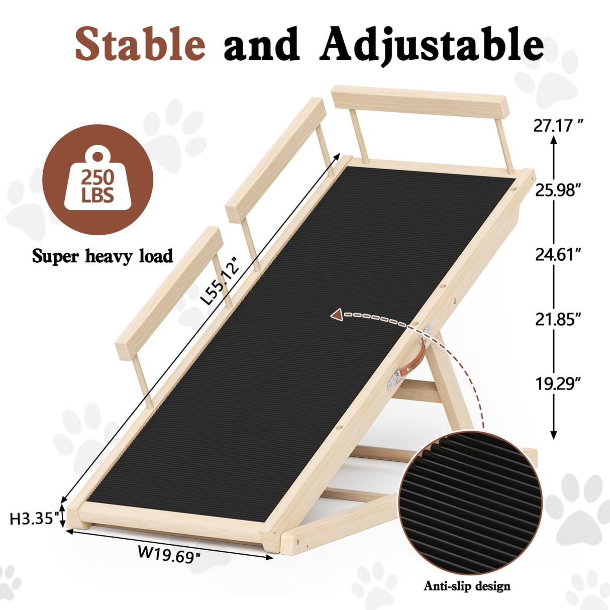 Chuiendi Dog Ramp for High Bed, Couch, Car, Pet Ramps 55.12" Long Adjustable 19.3"-27.17" Wooden Dog Step with Anti-slip Rubber Mat & Safety Side Rails for Small Medium Large Older Pets, up to 250 lbs