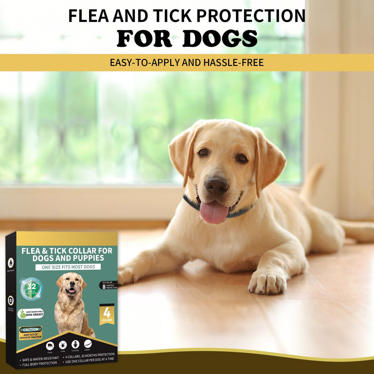 Lerqua Flea Collar for Dogs 4 Pack, 32 Months Comfort Flea and Tick Prevention, Waterproof Dog Flea and Tick Collar, Adjustable Flea and Tick Treatment for Dogs - One Sizes Fit All (Black)