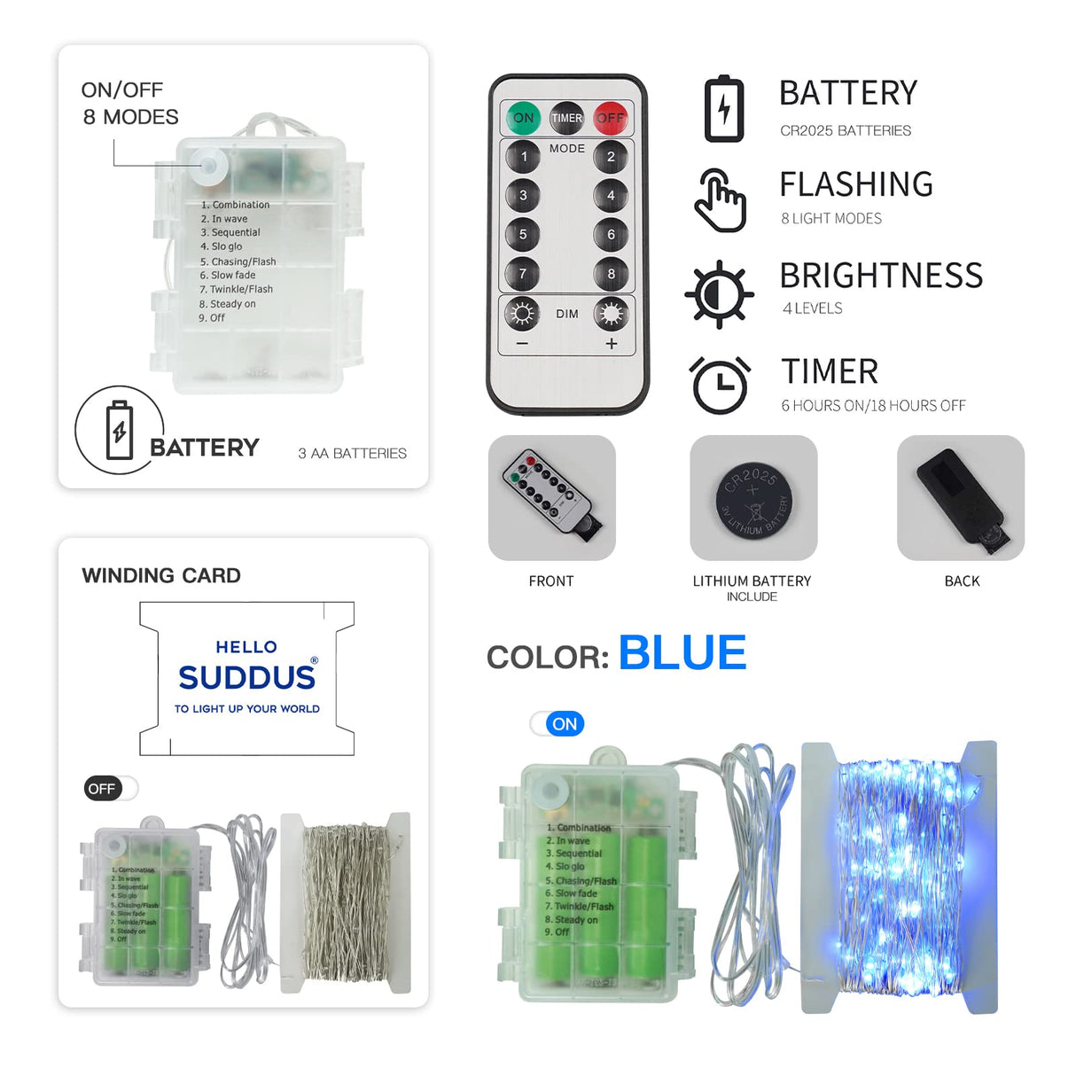 suddus Blue LED Christmas Lights Outdoor,200led 66ft Battery Operated Fairy Lights Indoor, Twinkle Lights for Bedroom, Halloween, Backyard, Tree, Dorm, Patio, Tapestry, Garden, Party