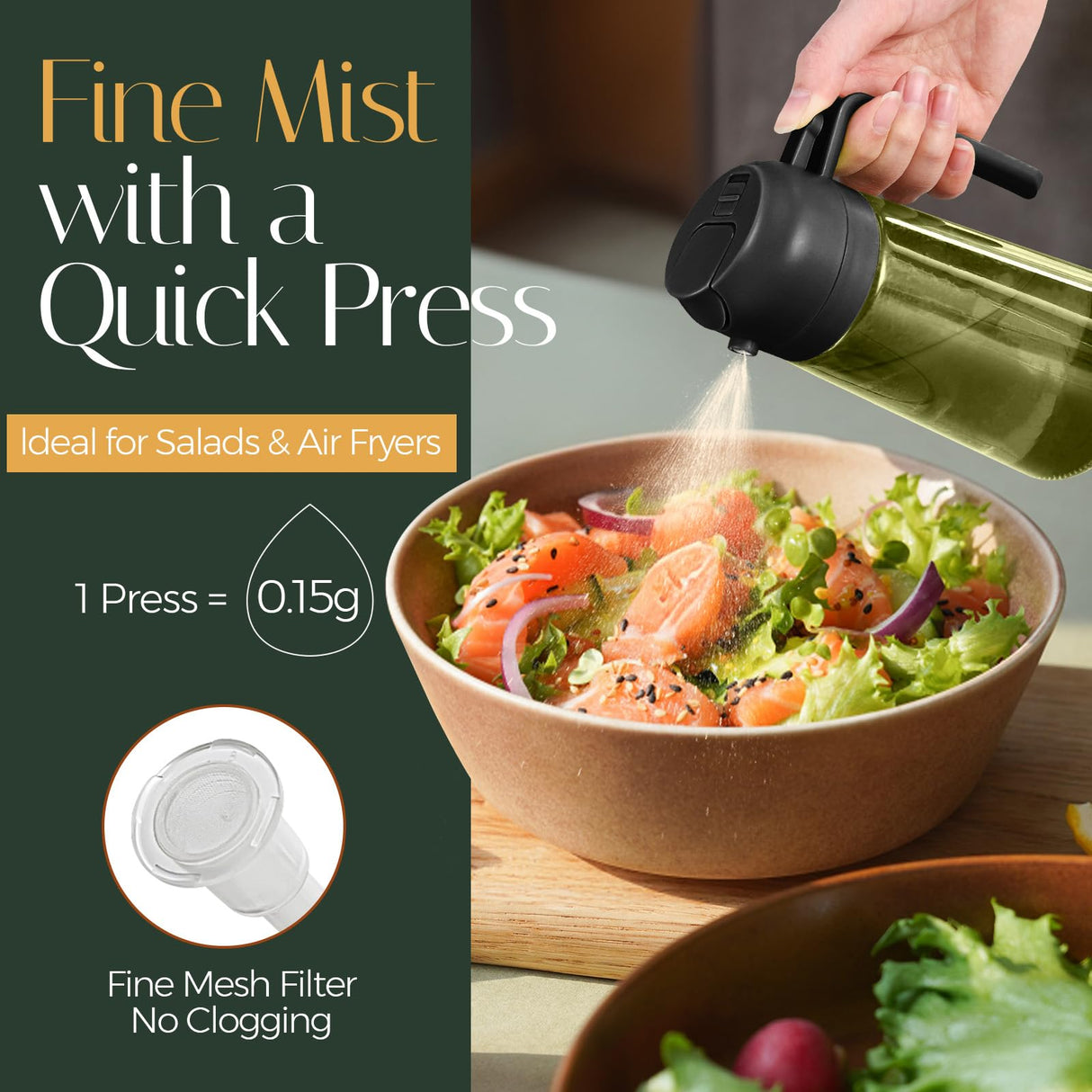 16oz/470ml Light-Blocking Dark Oil Sprayer for Cooking, 2 in 1 Olive Oil Dispenser Bottle for Kitchen, Premium Dark Green Glass Oil Bottle, Food-Grade Oil Mister for Air Fryer, BBQ (Black)