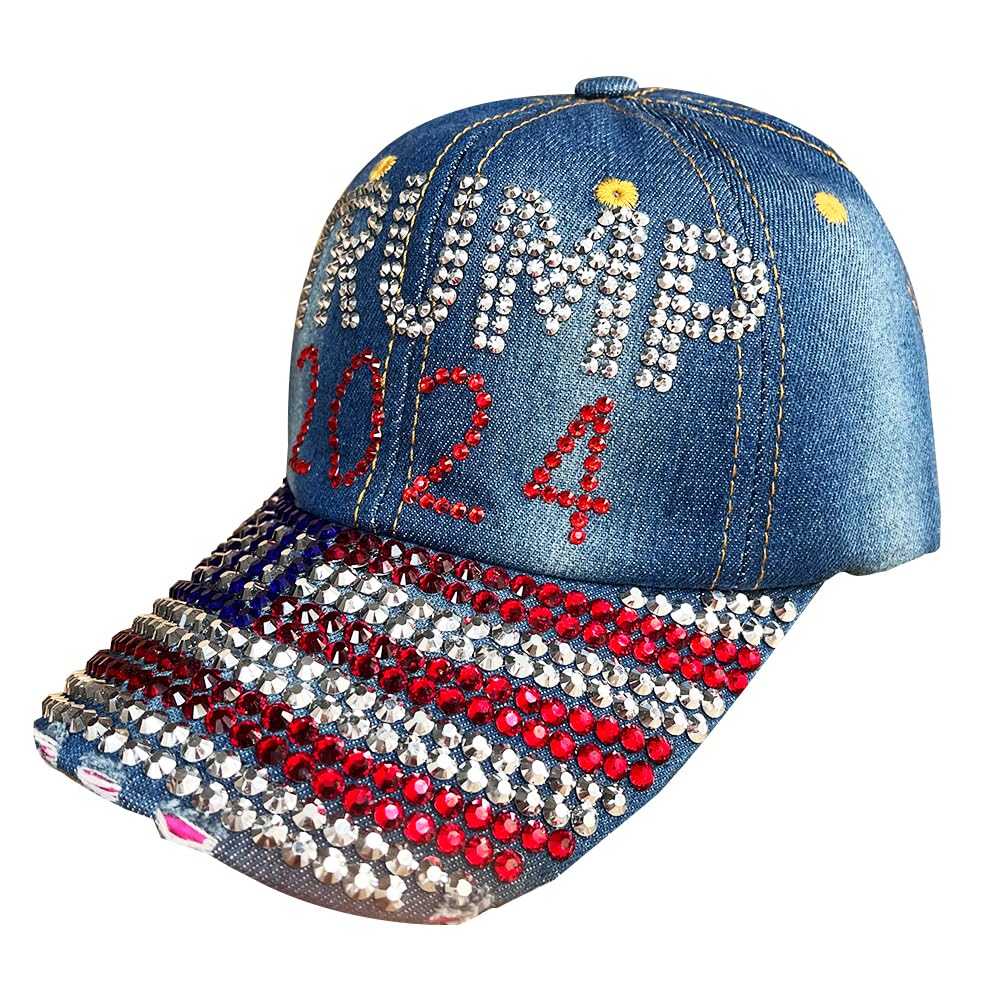 Gamusi Trump 2024 Baseball Cap Denim Distressed Bling Rhinestone Hat USA Flag Cap Adjustable Unisex (2024 Flag)