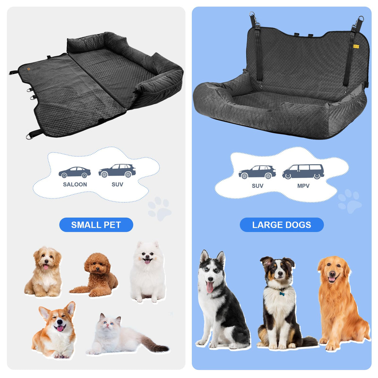 Kiusatig Large Dog Car Back Seat for 100lbs Dogs Pet Bed Car Seat Fully Detachable Washable Travel Safety with Storage Pocket Black