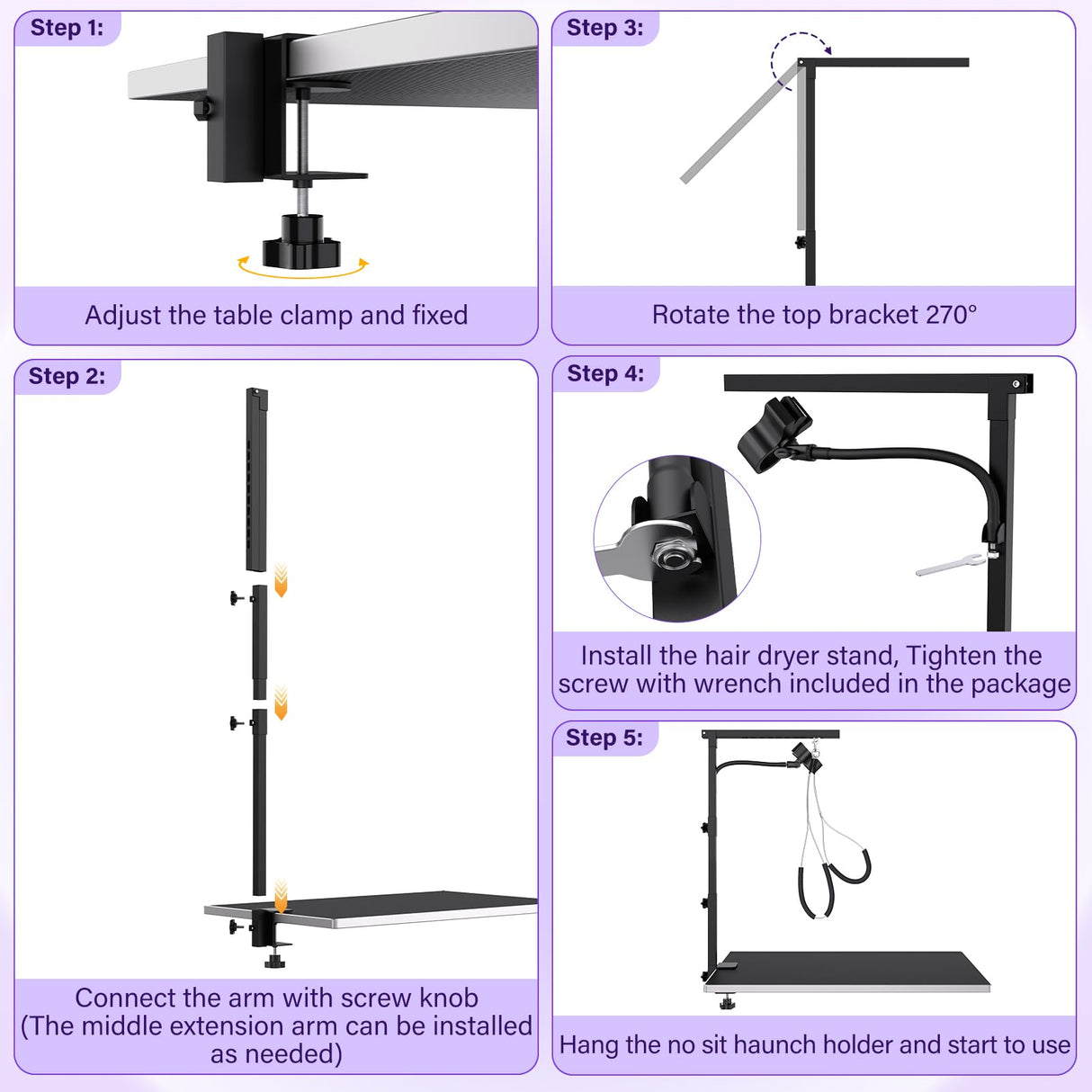 Dog Grooming Arm with Metal Clamp, Dog Grooming Table Arm & Hair Dryer Stand Hands Free Blower Hose Holder 2 in 1, Adjustable Grooming Arms for Tables with Loops for Groomers for Small Medium Pets