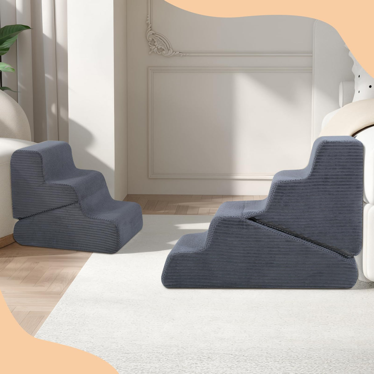 PRIMEPATIO Dog Ramp for Bed, 20" H Dog Stairs for High Bed, 2 in 1 Pet Steps for Small Dogs, 4-Step Foldable Transformable Large Cats Ramp to Get on Couch, Non-Slip Balanced, Grey