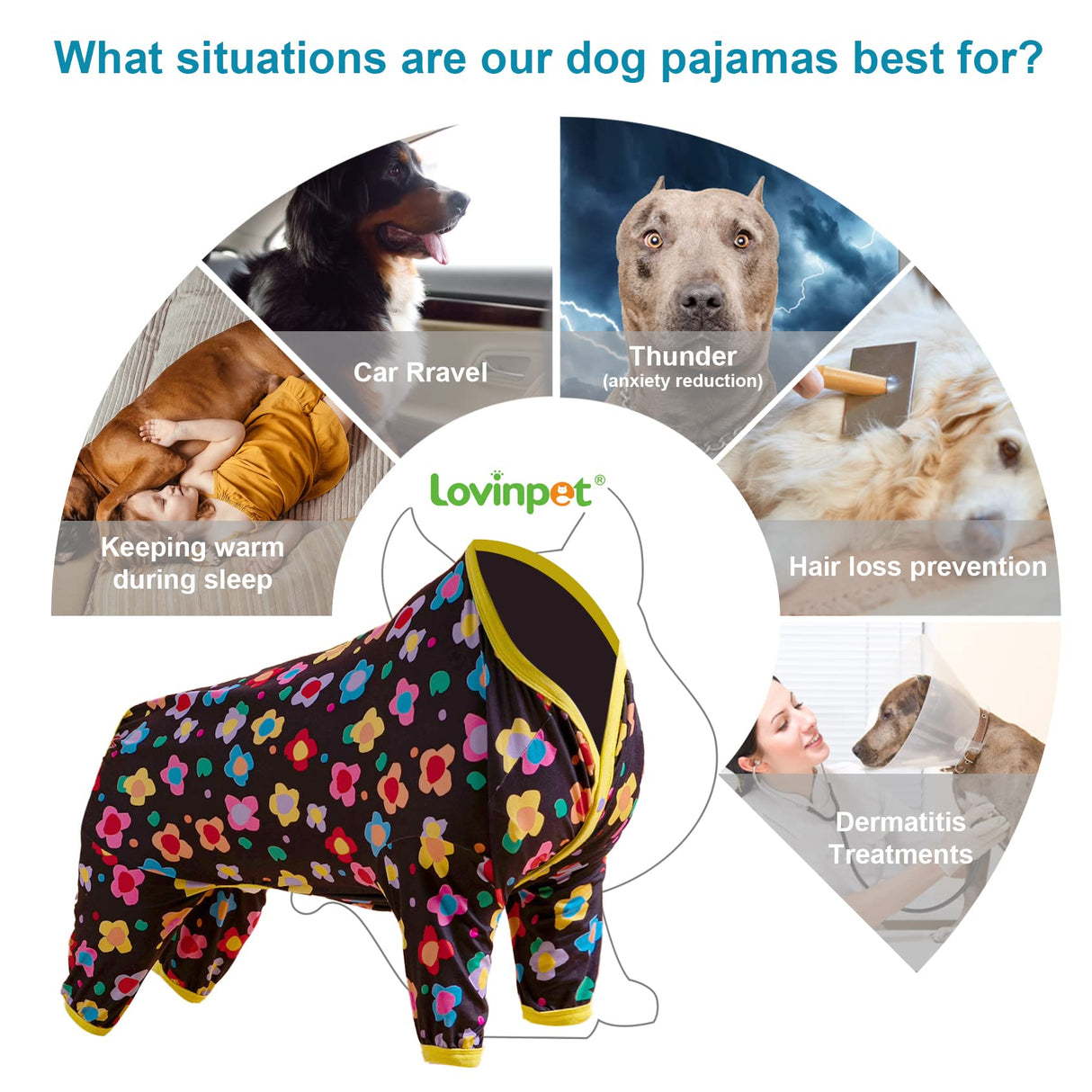 LovinPet Clothes for Labrador Pajama, Anxiety Calming Shirt,Anti Licking Dog Pajamas, Lightweight Fabric, Vintage Happy 2 Quilted Multi Print, Large Dog Pjs, Pitbull Clothes, Black Yellow M