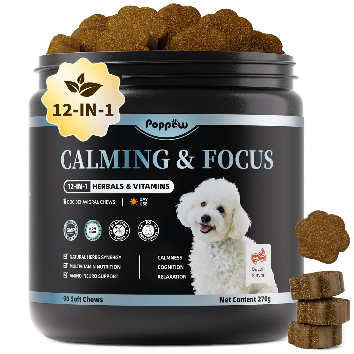 POPPAW Calming Chews for Dogs – 12-in-1 Dog Calming Treats with Herbal & Vitamins, Relaxation, Focus & Behavior Support for Anxiety, Separation, Barking, Travel, Stress, Upgraded Bacon Flavor, 90 Ct