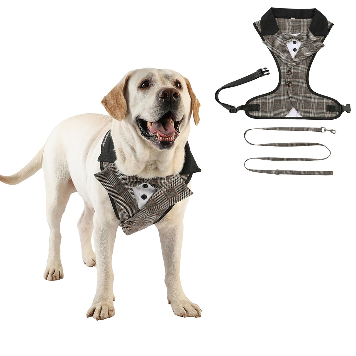 HDKUW Dog Tuxedo Harness, Adjustable Pet Harness No Pull for Small Medium Dogs, Doggie Wedding Suit with Bow Tie Party Costume Gray Grid S