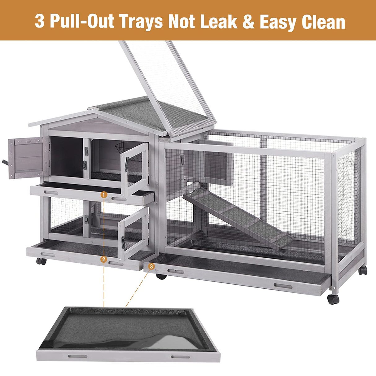 Bunny Cage Indoor and Outdoor Rabbit Hutch with Casters Waterproof Roof, Pull Out Tray from Back and Front 61.2" L x 22.6" W x 33.5" H