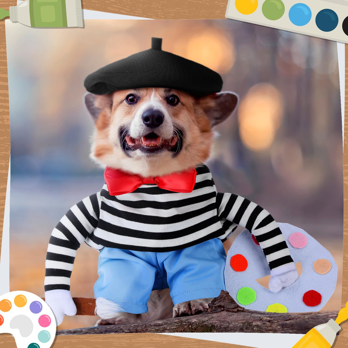 Dansydaisy Halloween Dog Costume Funny French Artist Dog Costume with Hat Painter Pet Clothes T-Shirt Jeans Beanie Beret Ties for Halloween Cosplay Brithday Party(S)