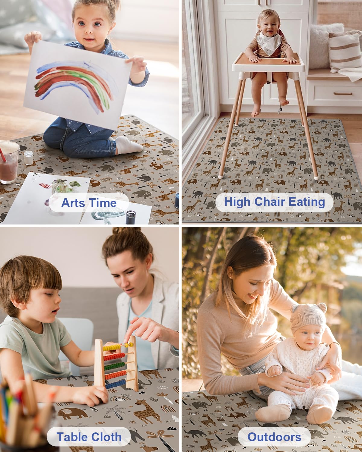 Blissful Diary Baby Splat Mat for Under High Chair, 50.4 x 50.4 Inch Wipeable Splash Mat, Waterproof and Washable, Anti-Slip Floor Protector, Elephant&Giraffe