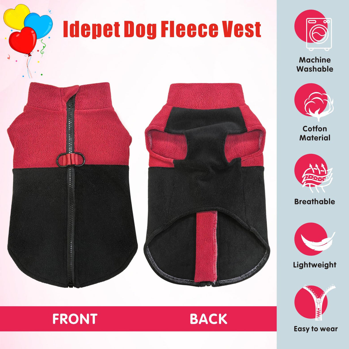Idepet Dog Fleece Vest Sweater Zip Up Warm Pullover Dogs Jacket with D-Ring Leash Winter Cold Weater Coat Pet Sweatershirt Clothes Hoodie for Small Medium Dogs Boy Girl (Red/Black, M)