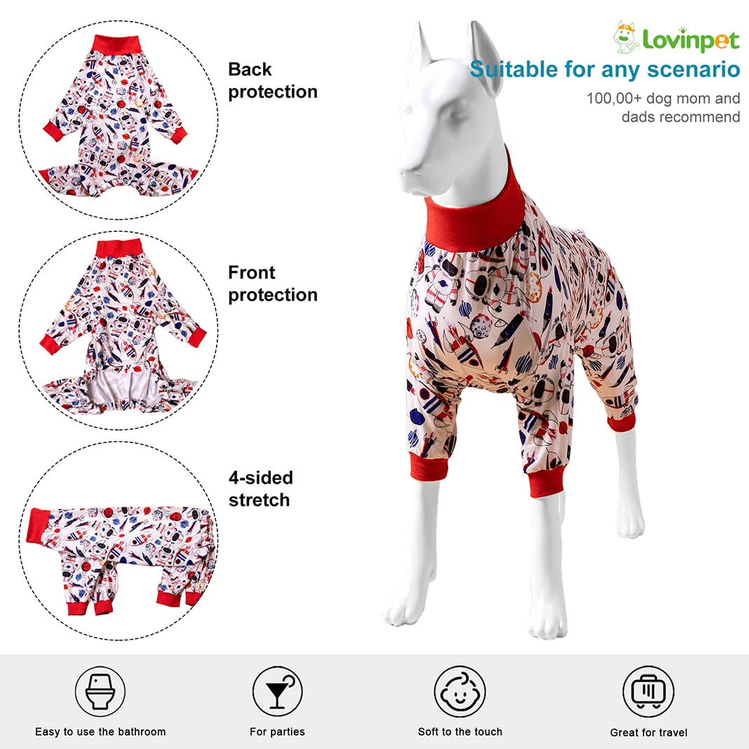 LovinPet Large Dog Outfit - Space Snow Prints, Lightweight Pullover Large Puppy Pajamas, Full Coverage Dog Pjs, Pitbull Onesie, Pet Pajamas for Dogs, Pitbull Clothes, White 3XL