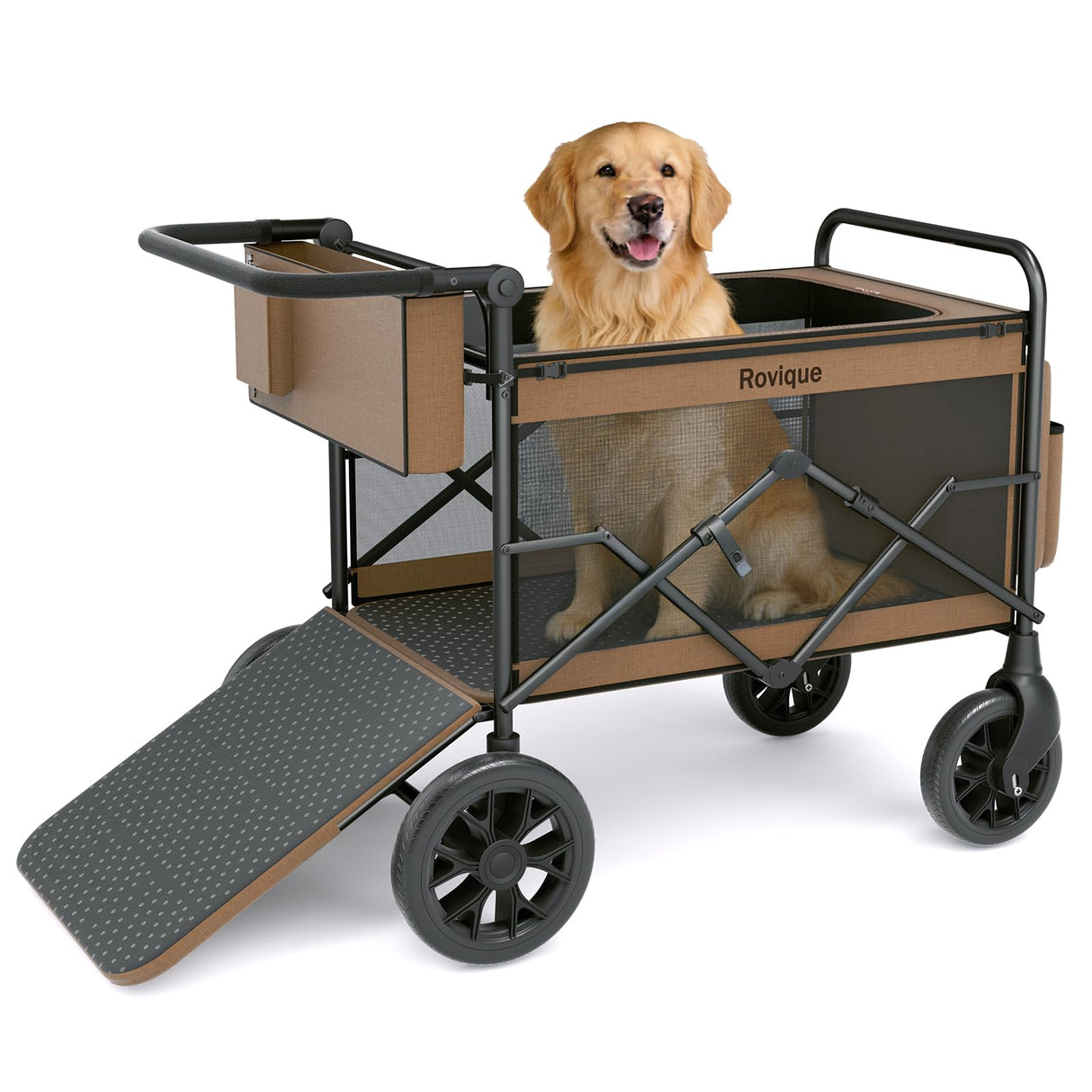 Rovique Dog Stroller for Large Dogs,Heavy Duty Dog Wagon with Easy Access Ramp,360° All-Terrain Rubber Wheels, Zippered Canopy,Adjustable Handle Pet Stroller(Brown)