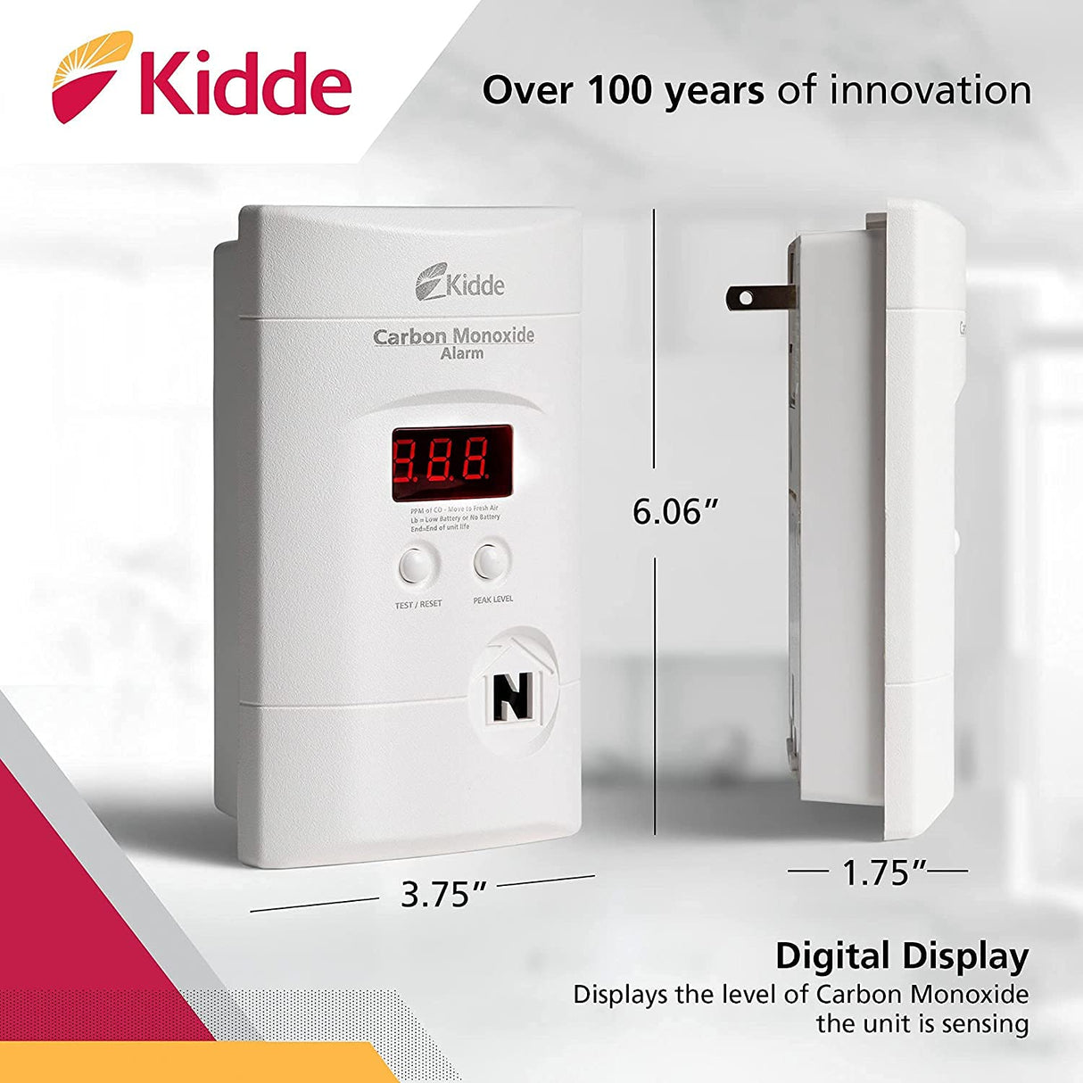 Kidde Carbon Monoxide Detector, Plug In Wall with 9-Volt Battery Backup, Digital LED Display, 2 Pack
