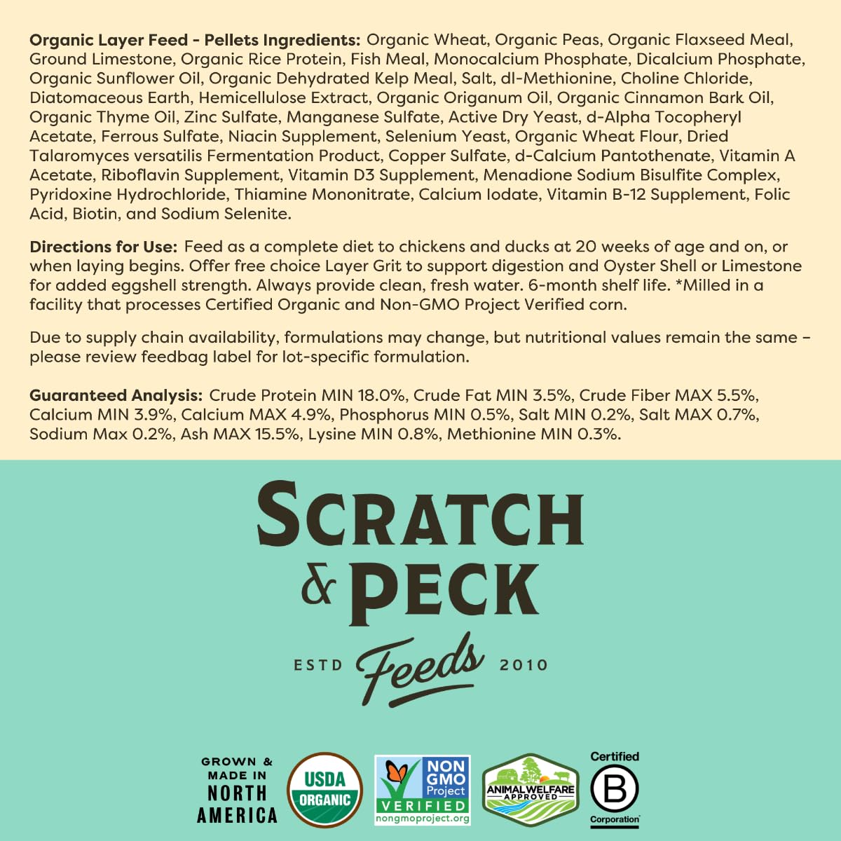 Scratch and Peck Feeds Whole Grain Layer Pellets Chicken and Duck Feed - 25 lbs Bag - Corn-Free and Soy-Free - 18% Protein, Certified Organic and Non-GMO Project Verified Chicken Food