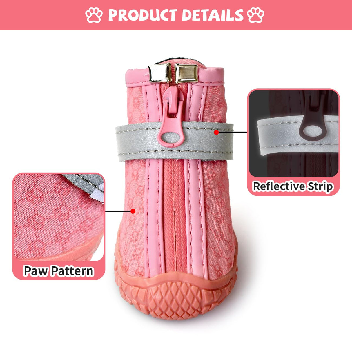 Pink Dog Shoes for Small Dogs, Anti-Slip Dog Boots with Reflective Strips, Puppy Paw Protectors for Ourdoor Indoor Walking Winter Snow Summer Hot Pavement, Waterproof in Rainy Weather 4PCS/Set