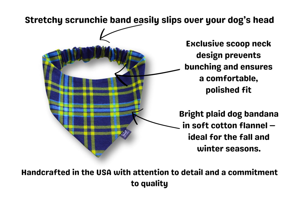 Red and Black Buffalo Check Plaid Flannel Scrunchie Dog Bandana Perfect for Halloween, Thanksgiving, Christmas, Elastic pet Bandana for Fall and Winter (Small, Blue & Green Plaid)
