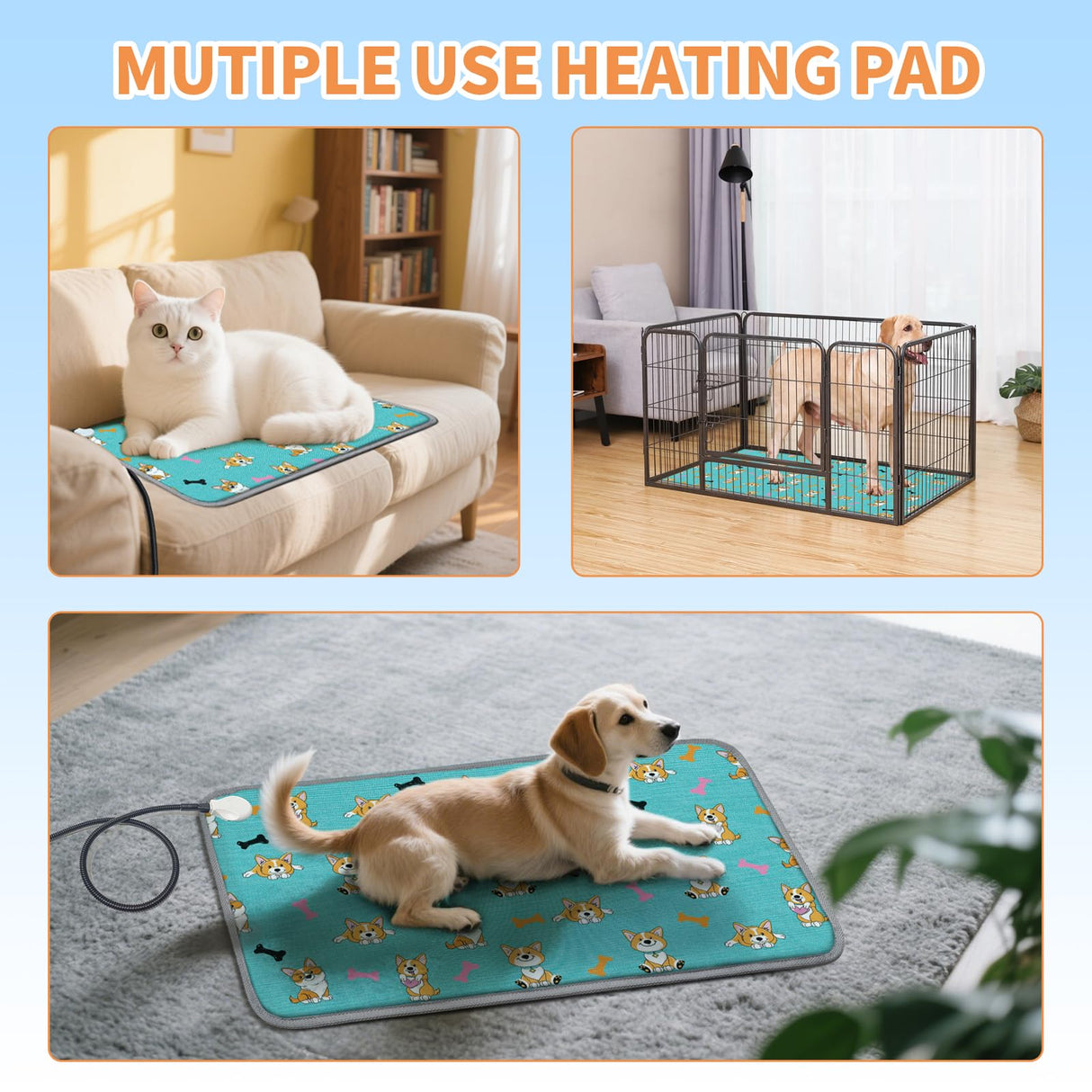 Large Pet Heating Pad (30x47in) Temperature Adjustable Dog Cat Heating Pad with Timer, Waterproof Heated Cat Bed Mat with Chew Resistant Cord