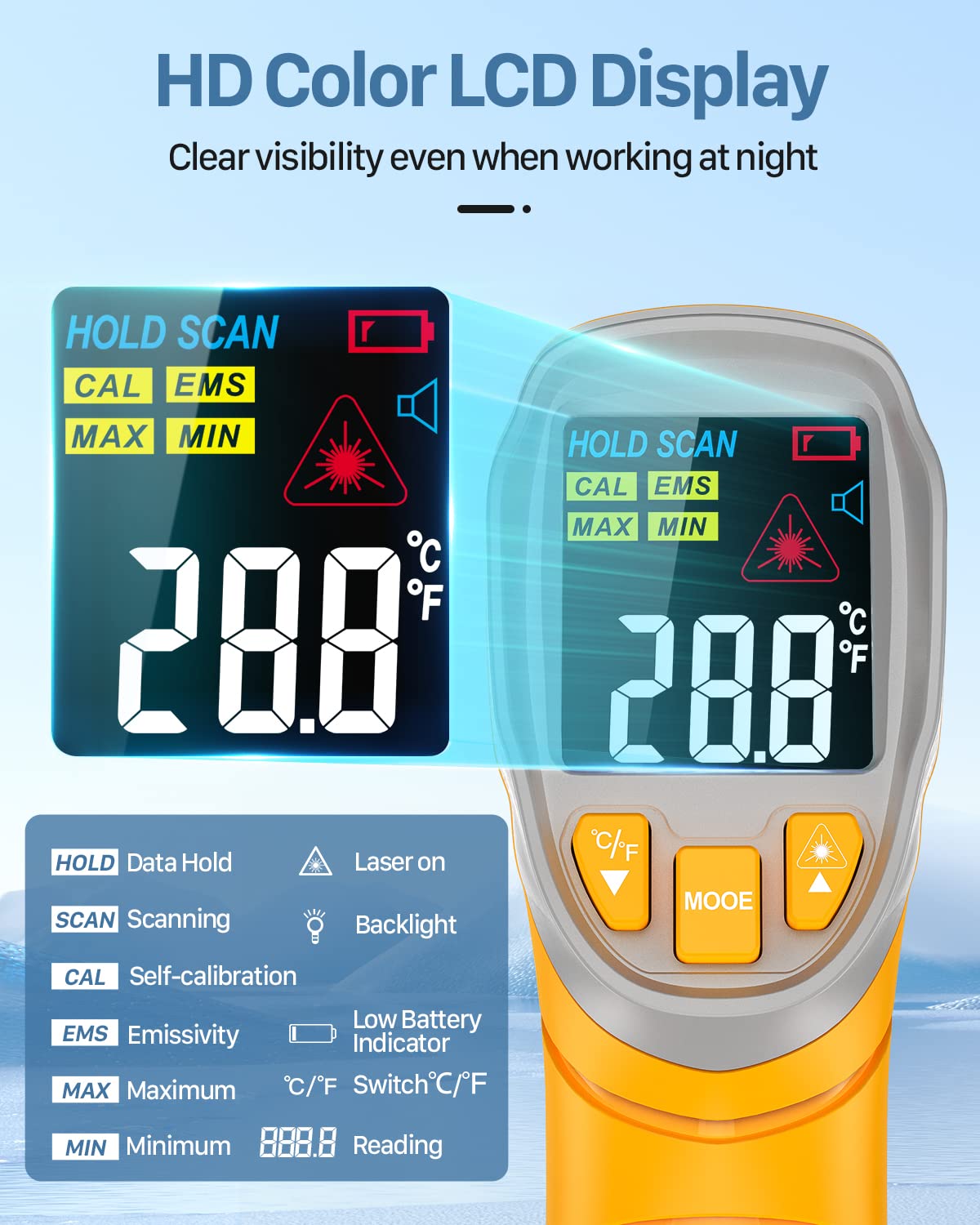 Eventek Digital Infrared Thermometer, -58℉~1112℉(-50℃~600℃) Non-Contact Laser Temperature Gun with Color Display & Adjustable Emissivity for Cooking/BBQ/Food/Fridge/Pizza Oven/Engine (Not for Human)