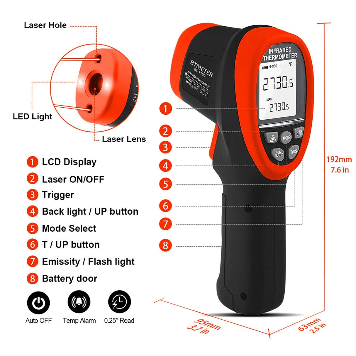 BTMETER BT-1500 Pyrometer 30:1 Industrial Laser Thermometer Gun, -58β to 2732β Non Contact High Temp Infrared Thermometer Digital IR Temperature Gauge Orange(NOT for Human Temp Test)