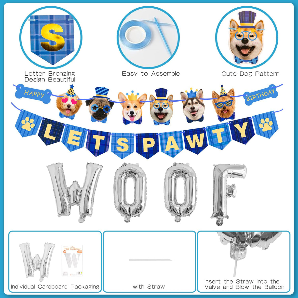 Zaabaazina Dog Party Supplies - Blue Dog Bandana, Birthday Hat, Banner, Balloons for PAWTY & WOOF Decorations