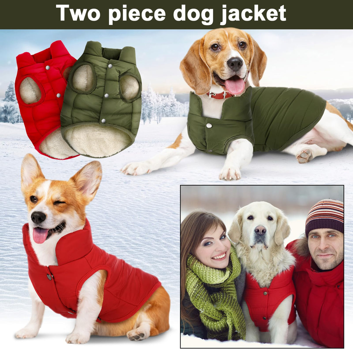 Syhood 2 Pieces Dog Jacket 2 Layers Fleece Lined Dog Jacket Warm Soft Windproof Small Pet Coat for Winter Cold Weather(M,Red,Green)