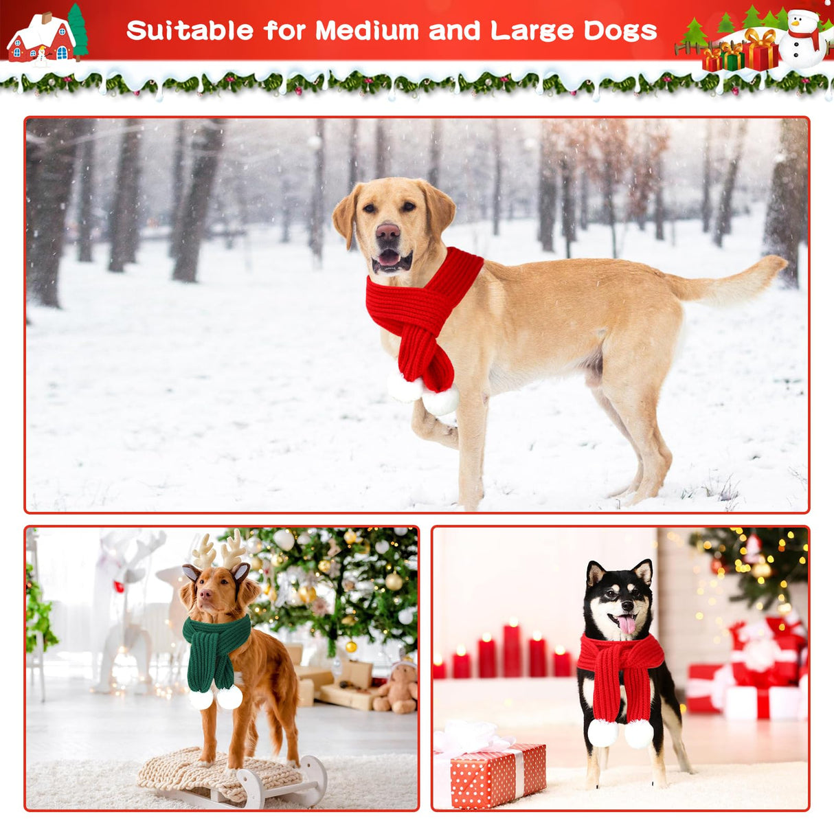 BWOGUE 2-Piece Knitted Dog Christmas Scarf & Bandana with White Pom Pom for Medium/Large Dogs - Winter Warm Holiday Pet Costume Accessory (Red, Green)
