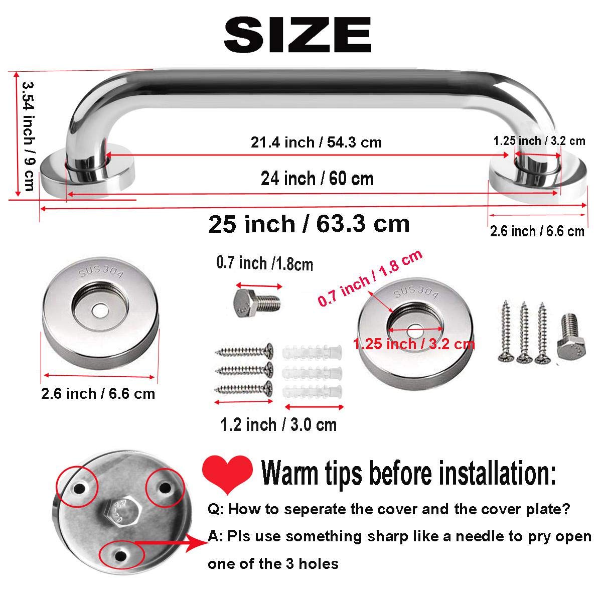 2 Pack 24 Inch Shower Grab Bar, ZUEXT Chrome Stainless Steel Bathroom Grab Bar Handle, Bathroom Shower Balance Bar, Safety Hand Rail Support, Handicap Elderly Senior Assist Bath Handle(1.25" Diameter)