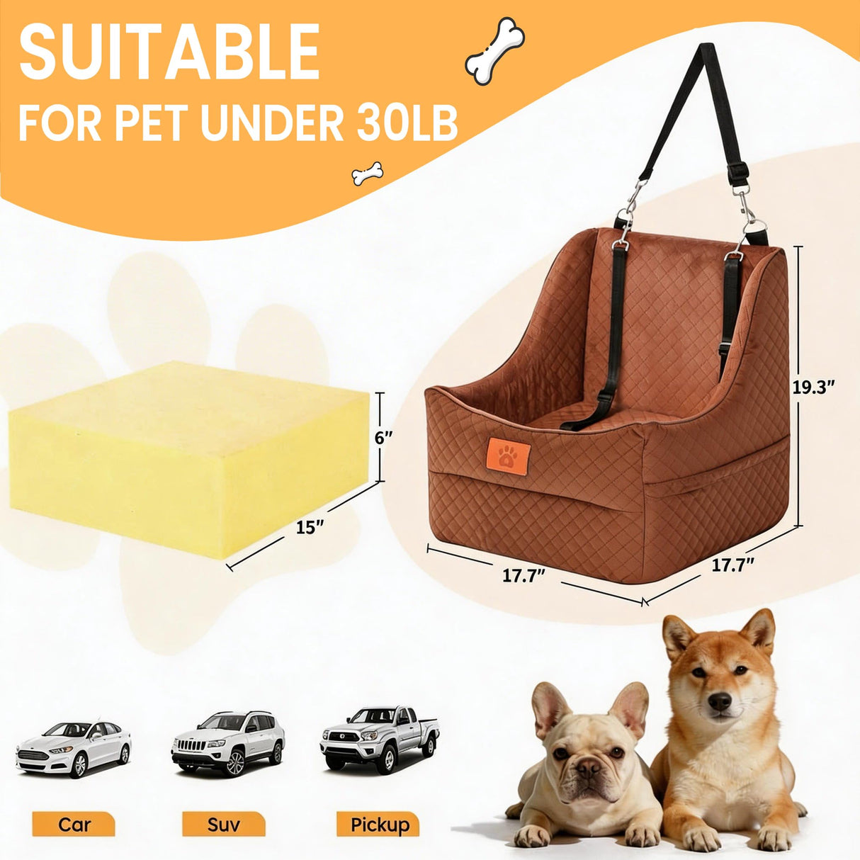 AiryCute Dog Car Seat for Medium Dogs – Premium Pet Booster Seat with Two Pet Safety Belts, Detachable Washable Cover Non-Slip Base, Portable Dog Travel Seat for Road Trips & Daily Errands Up to 35lbs