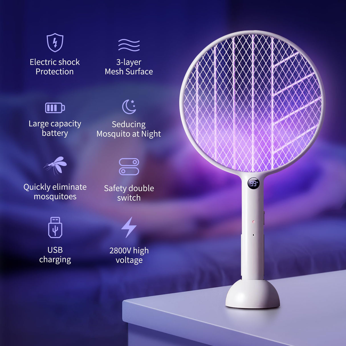 Swift Catch Electric Fly Swatter, Bug Zapper, Flies Killer, Rechargeable Mosquito Killer with Purple Mosquito Light, Base, Digital Display for Indoor Outdoor Home Office Backyard Patio Camping