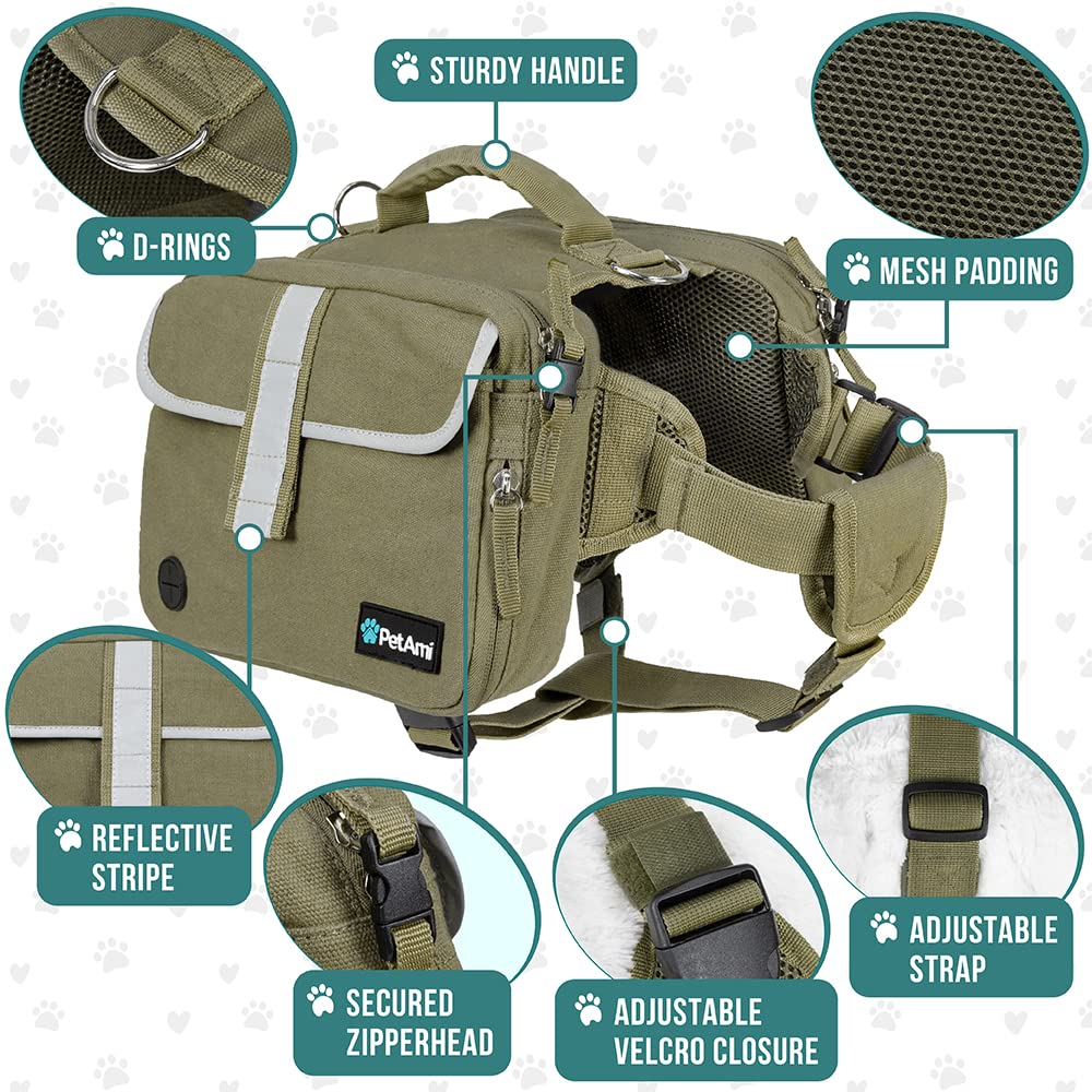 PetAmi Dog Backpack for Medium Large Dogs, Dog Saddle Bag For Dogs to Wear, Tactical Harness Saddlebag with Reflective Safety Side Pockets for Hiking Camping Vest Dog Pack Travel (Olive Green, Medium)
