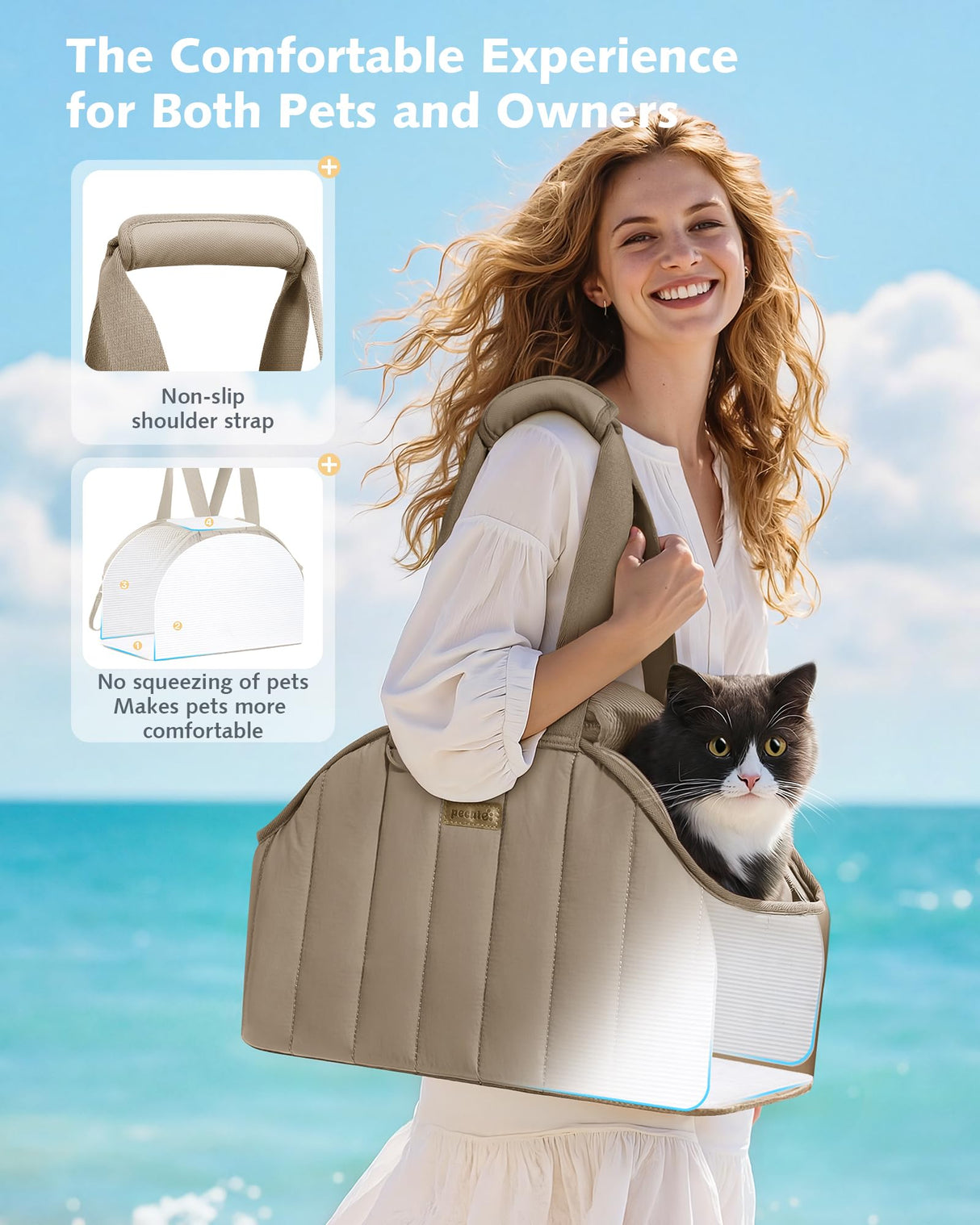 Pecute Cat Purse Carrier, Lightweight Cat Carriers for Small Cats with Large Pockets, Cat Soft-Sided Carriers up to 6.6lbs, Pet Carrier for Kitten, Suitable for Travel, Subway, Khaki