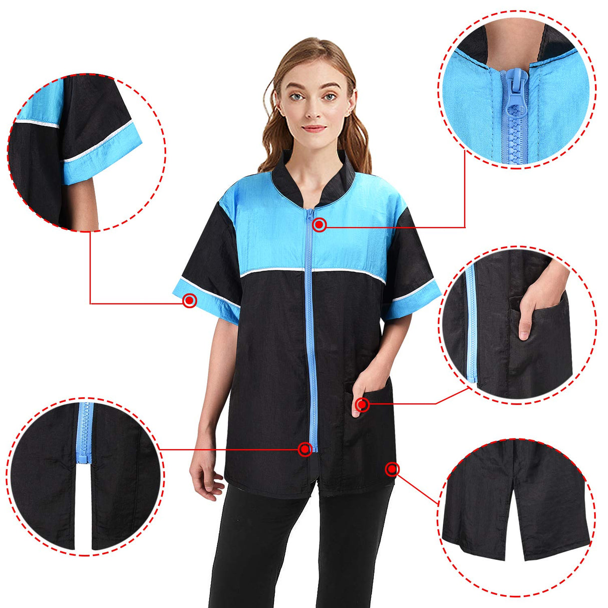 Noverlife Pet Grooming Jacket with Zipper, Large Size, Lightweight Hair Repellent Shirt Style Pet Groomer Smock for Dog Cat Grooming Pet Bath, Hair Salon Barber Hairdresser Work Clothes