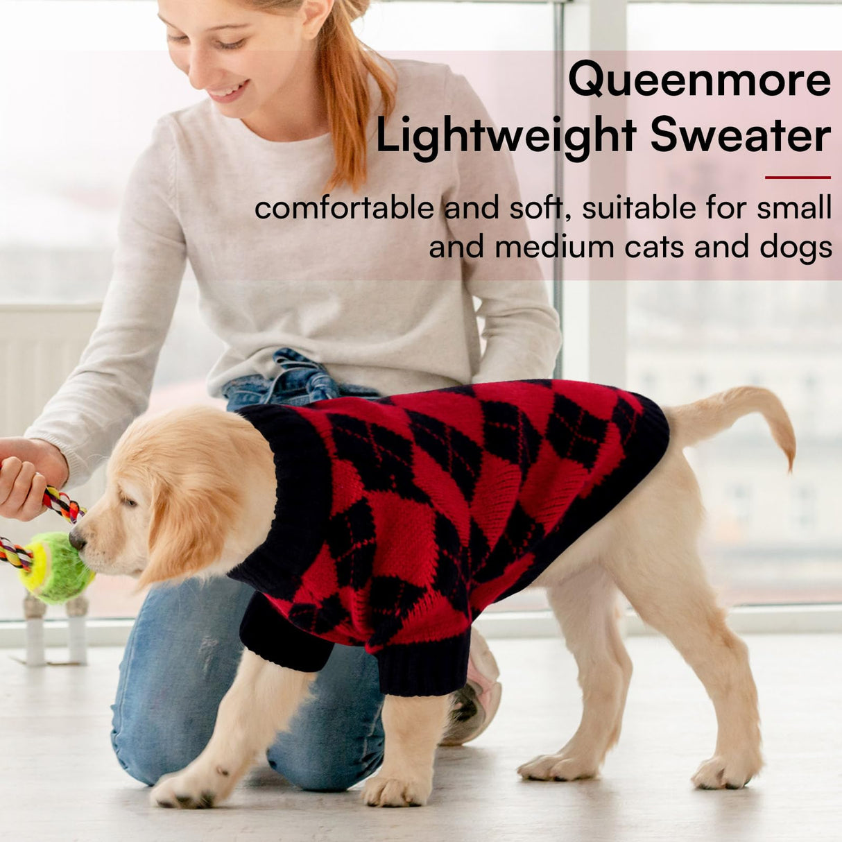 Queenmore Medium Dog Sweater, Dog Sweaters for Medium Dogs Girls Boys, Christmas Clothes for Doggie, Warm Cozy Knit Pullover with Plaid Pattern, Soft Pet Winter Jacket (Red,M)