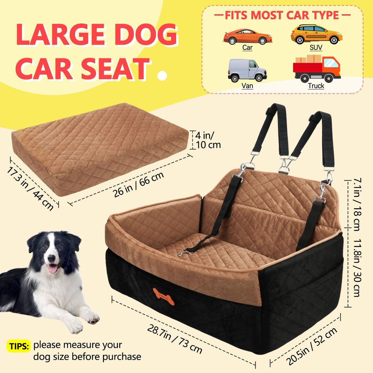 PetsHome Dog Car Seat for Medium Large Dogs, Detachable Washable Pet Booster Seat with Memory Foam Cushion, Side Pockets, 2 Clip-On Safety Leashes Pet Car Seat for Dog Up to 60 lbs/2 Small Dogs-Brown
