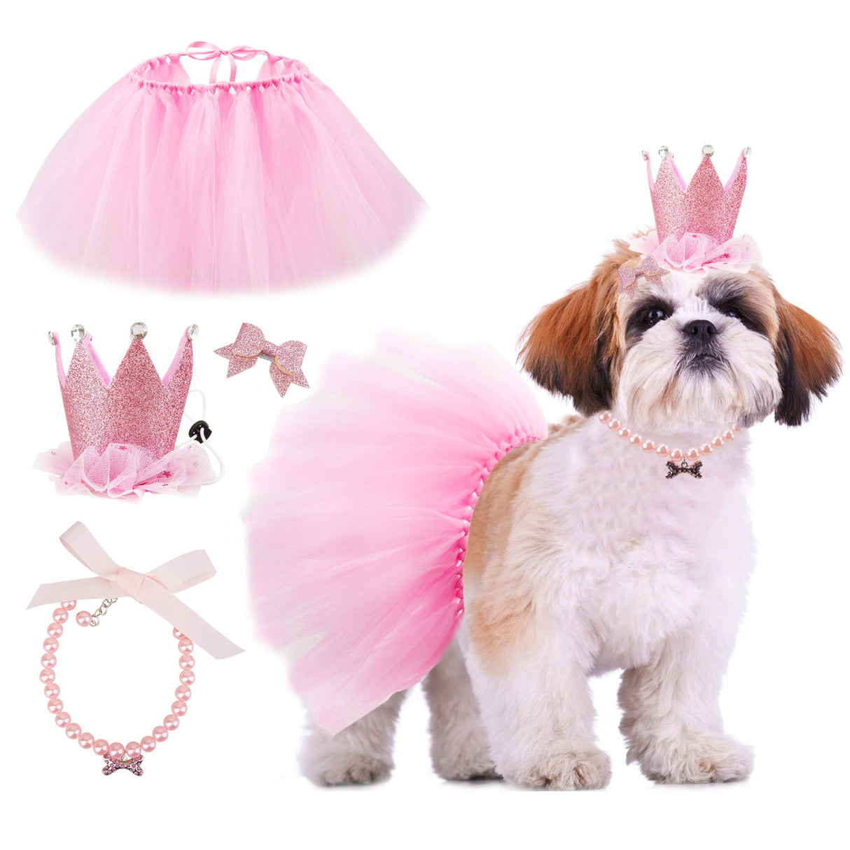 GAGILAND Dog Birthday Party Supplies Dog Birthday Outfit Pink Tutu for Dogs Dog Birthday Hat Necklace and Bowtie Hairpin for Dogs (24-31 inch Wrist)