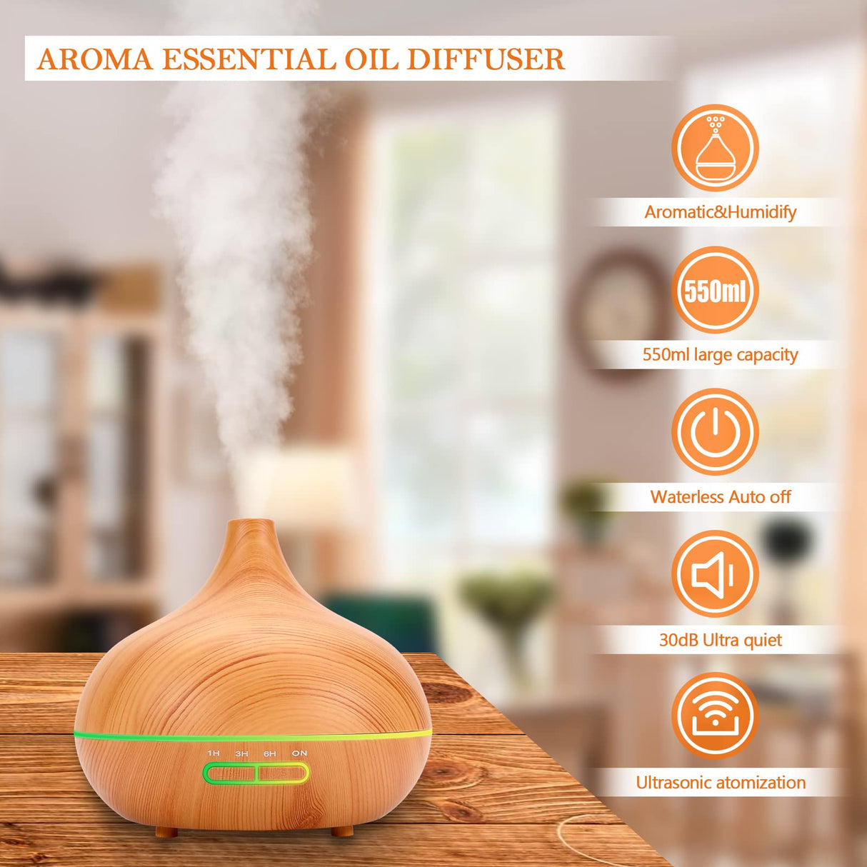 Ultimate Aromatherapy Diffuser,Essential Oil Set,Essential Oil Diffuser,Ultrasonic Diffuser with 550ML Tank Ideal for Large Rooms, Waterless Auto Off,Adjustable Timer,7 LED Light Colors and Mist Mode
