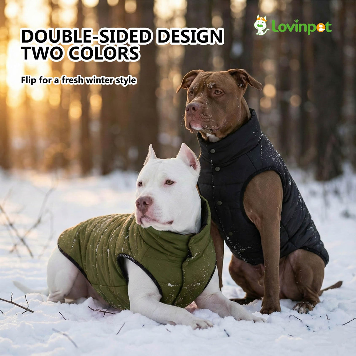 LovinPet Reversible Dog Puffer Coat for Medium & Large Dogs, Down‑Insulated Winter Jacket, Water‑Resistant & Wind‑Resistant, Anti‑Static, Dual-Sided Dark Green & Grey for Cold Weather,2XL