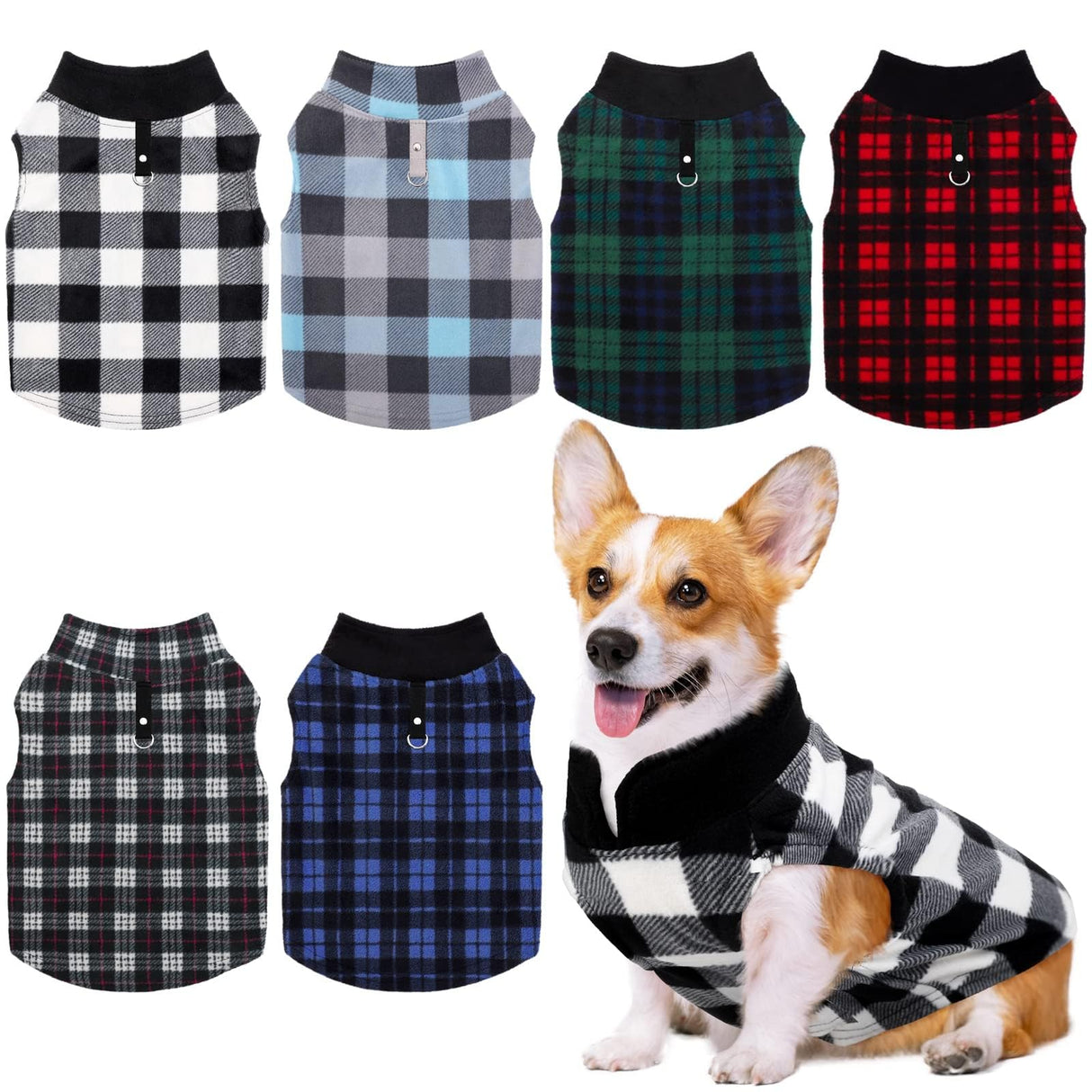 Pedgot 6 Pieces Warm Fleece Vest With Leash Ring - Dog Sweatshirt Winter Pet Clothes Plaid Pullover for Puppy Small Dogs Cat, Large