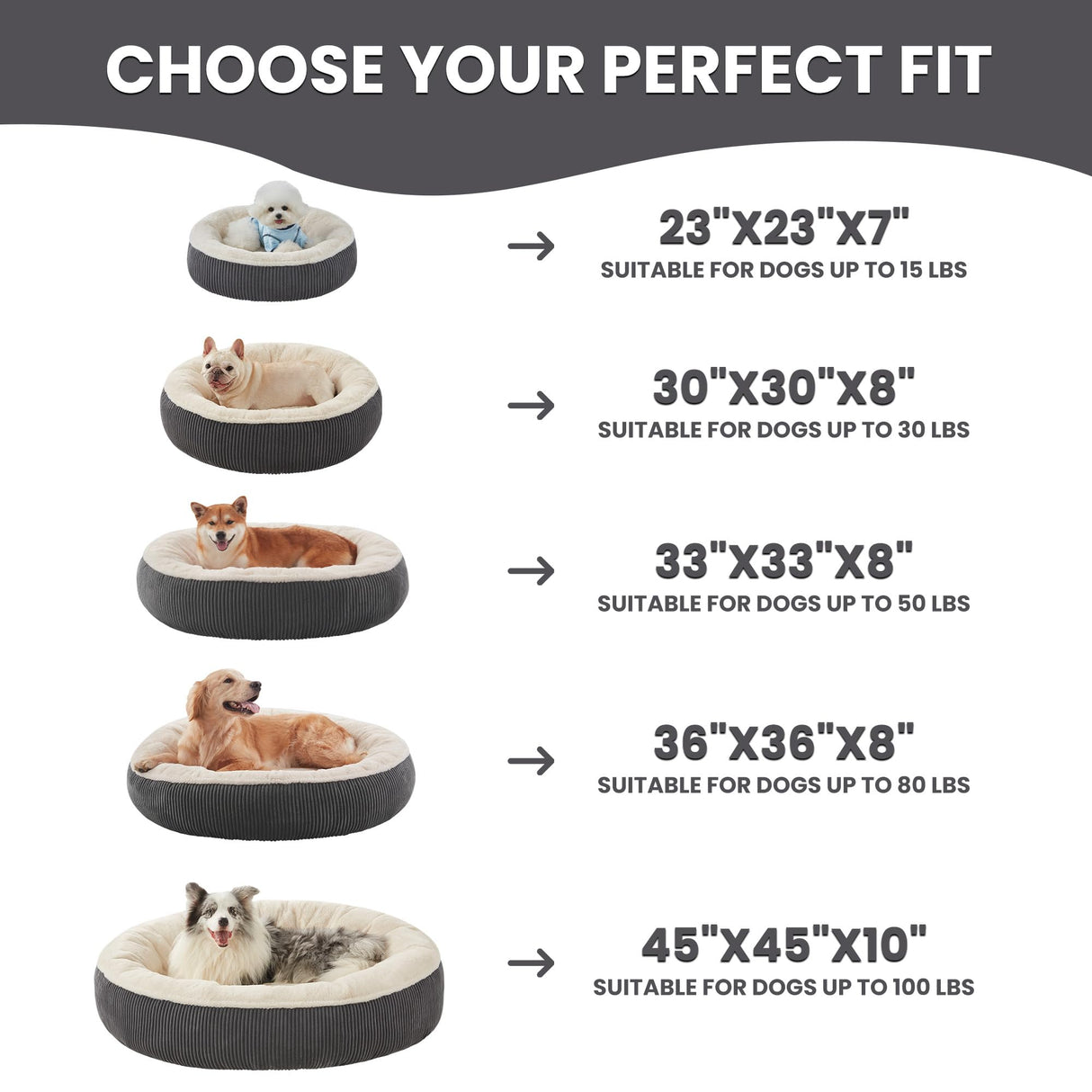 BedStill 36 inches Donut Dog Bed for Large Dogs - Calming Round Pet Bed with Removable&Washable Cover, Plush Faux Fur & Corduroy, Fits Pets up to 80 lbs(Dark Grey, Large)
