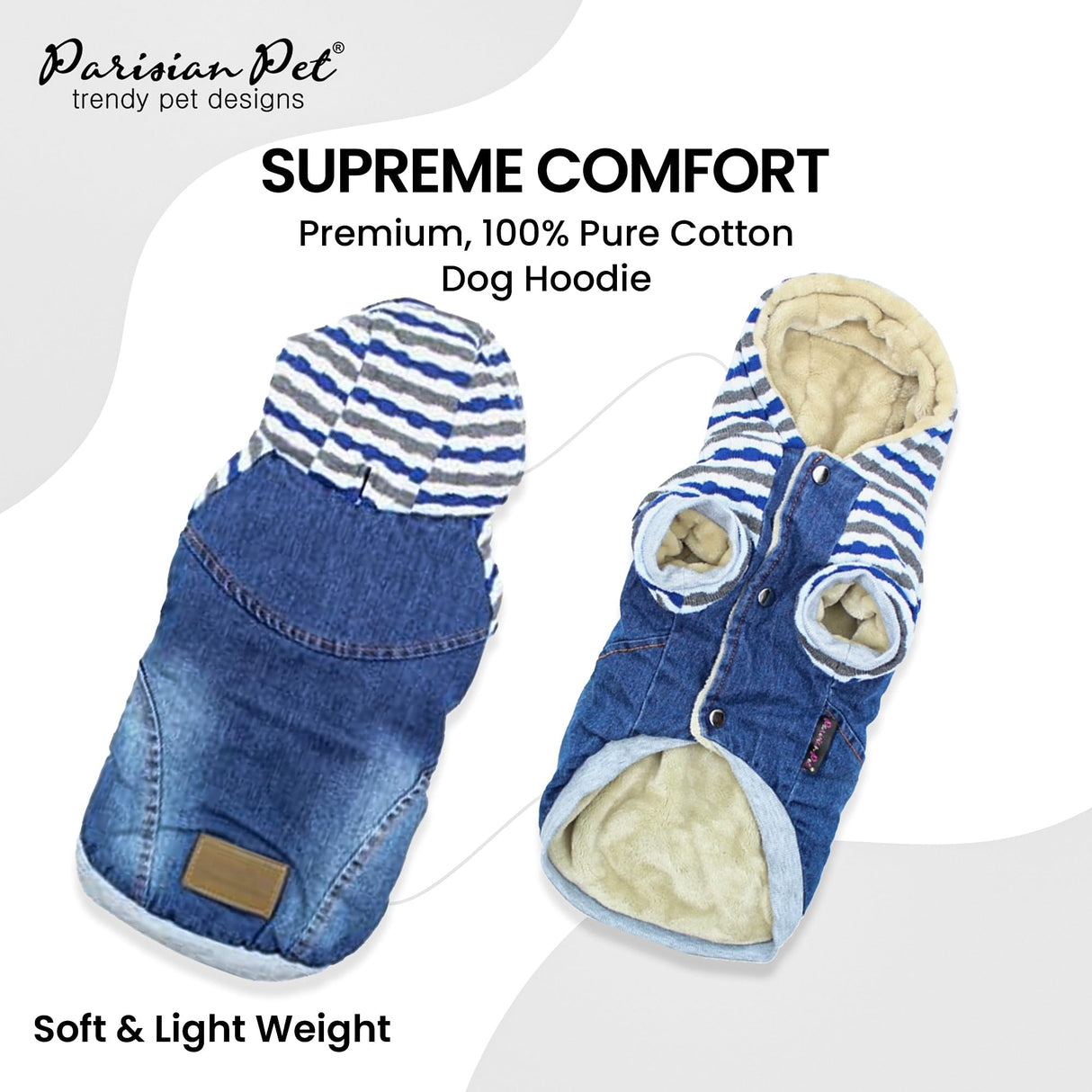 Parisian Pet Basic Dog Hoodie - Lightweight Denim Striped Sweatshirt with Leash Hole and Pockets - Blue Cotton Clothes for Medium Dogs - M