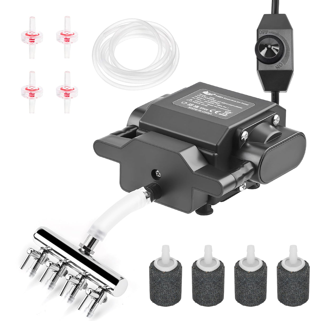 AQQA Powerful Aquarium Air Pump Adjustable Oxygen Aerator with 4 Air Outlets, All Accessories Included for Large Fish Tanks, Ponds & Hydroponic Systems, Commercial Use, Up to 600 Gal (12W, 257 GPH)