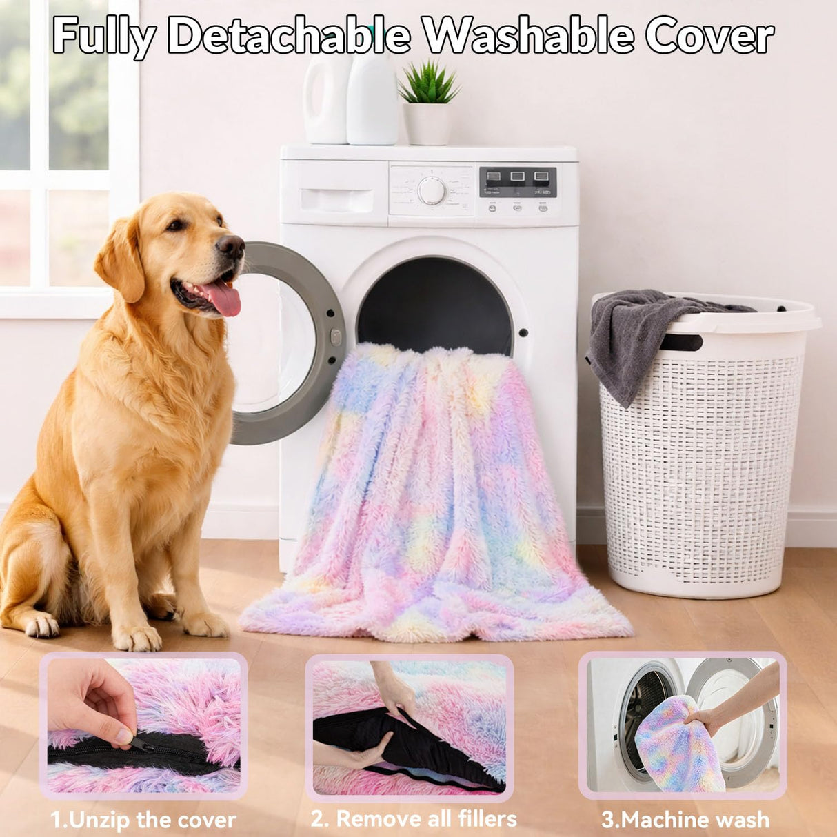 Human Dog Bed 71''Foldable for Adult Kids Faux Fur Washable Removable Giant Pet Bed with Present Blanket, Rainbow