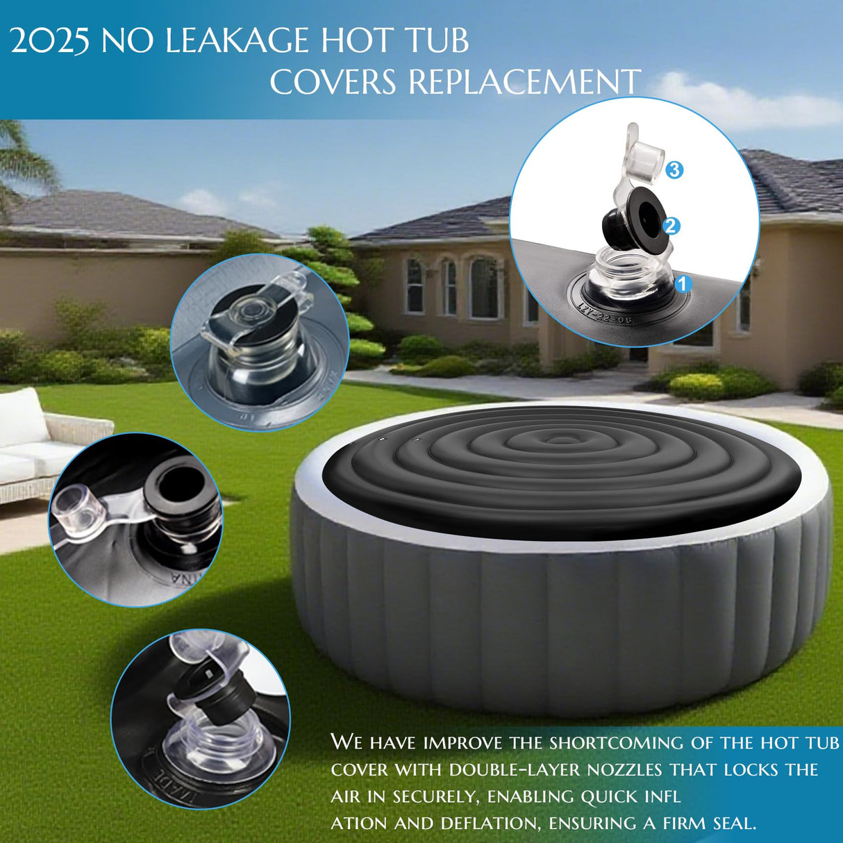Inflatable Hot Tub Cover Round Replacement, Fit Saluspa Coleman Intex Spa Cover, Insulated Energy-Saving Weatherproof Lid, Unique Design Flexible Adjust Pool Cover Size-Life Time Support